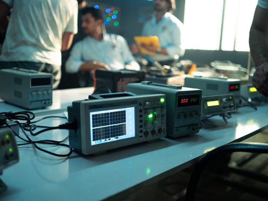 oscilloscope display with a sharp voltage spike and time markers